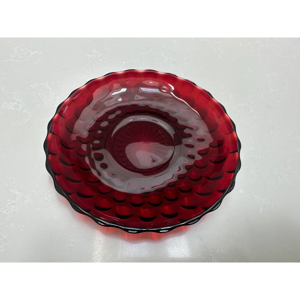 Vintage Ruby Red Glass‎ Bubble Thumbprint Saucer Scalloped Edge Sunburst Center